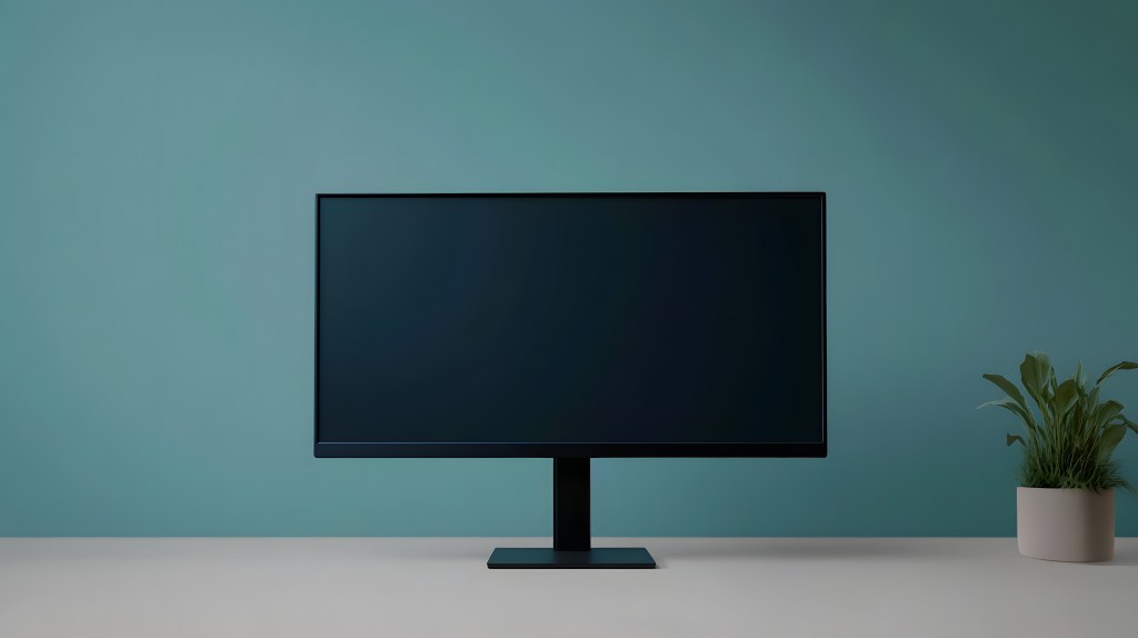 Black monitor with a blank screen is positioned on a white surface in front of a teal wall. A potted plant is visible at the right edge of the image.