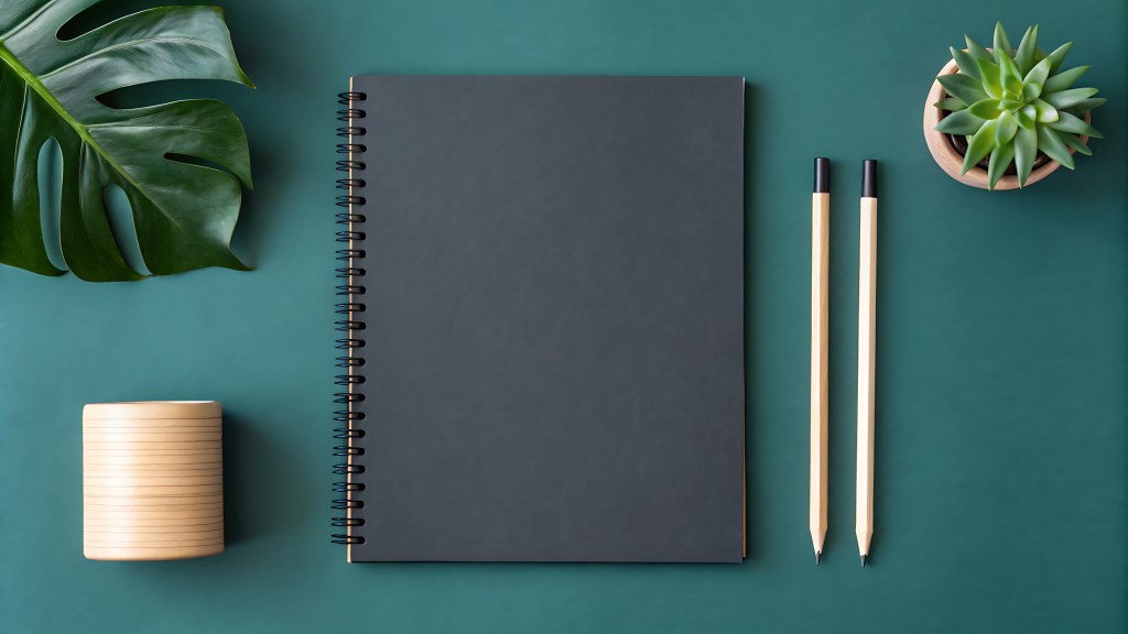 Flatlay of black notebook pencils plant and wooden cup on green background